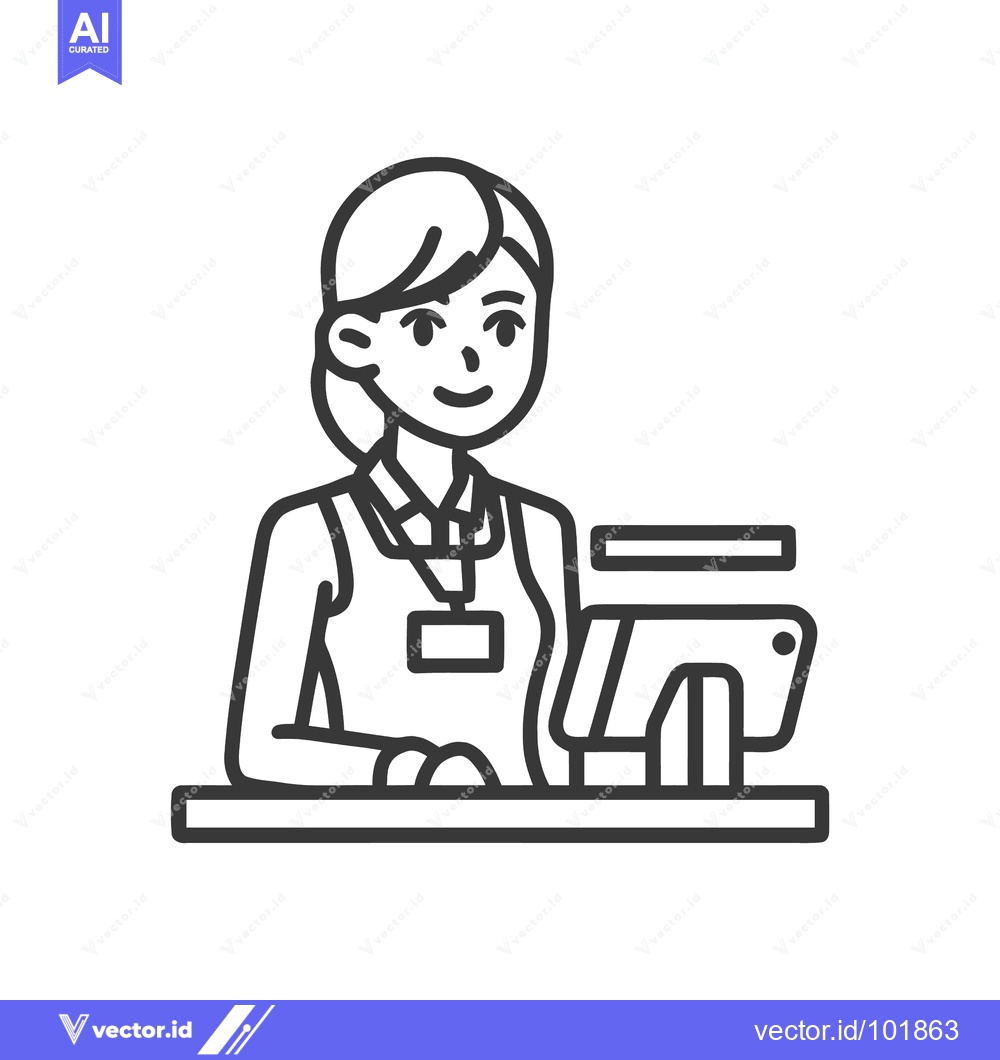 Premium Vector dari Smiling Female Cashier at POS Terminal, Professional Line Art Icon