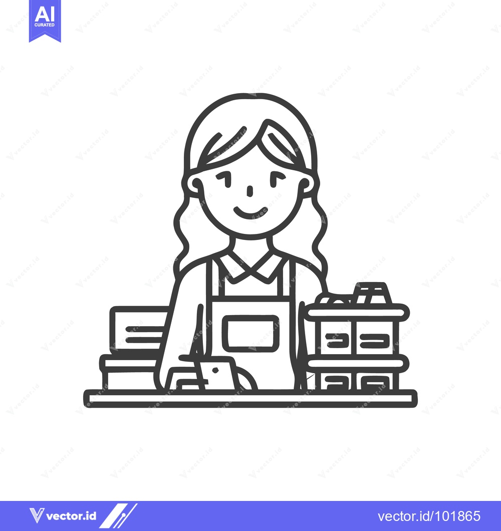 Premium Vector of Smiling Female Cashier at Checkout Counter, Minimalist Line Art Icon