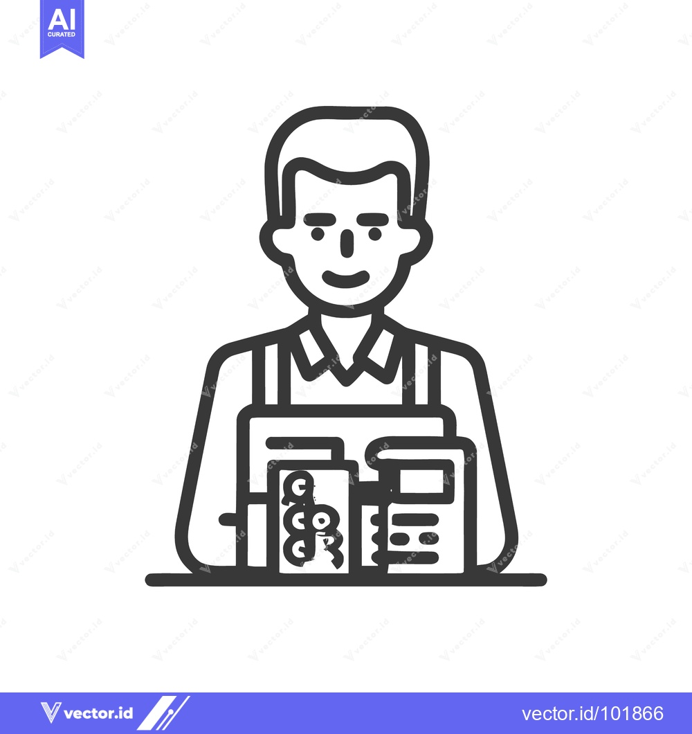 Premium Vector dari Friendly Clerk in Apron Presenting Goods, Minimalist Line Art Icon