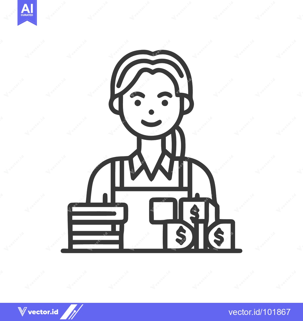 Premium Vector dari Financial Clerk Woman with Stacks of Cash and Coins, Clean Line Art Ic
