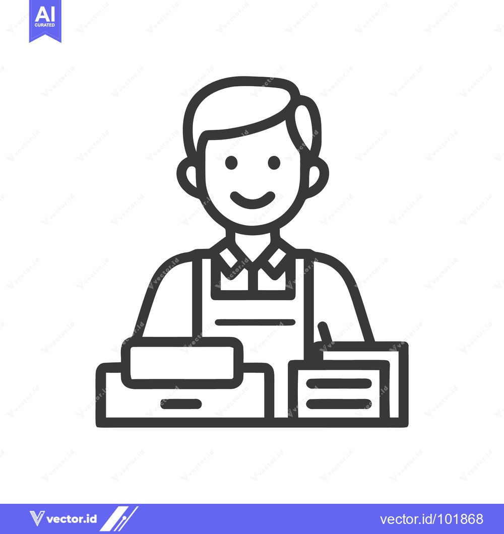 Premium Vector of Friendly cashier in an apron at a checkout counter, a minimalist line