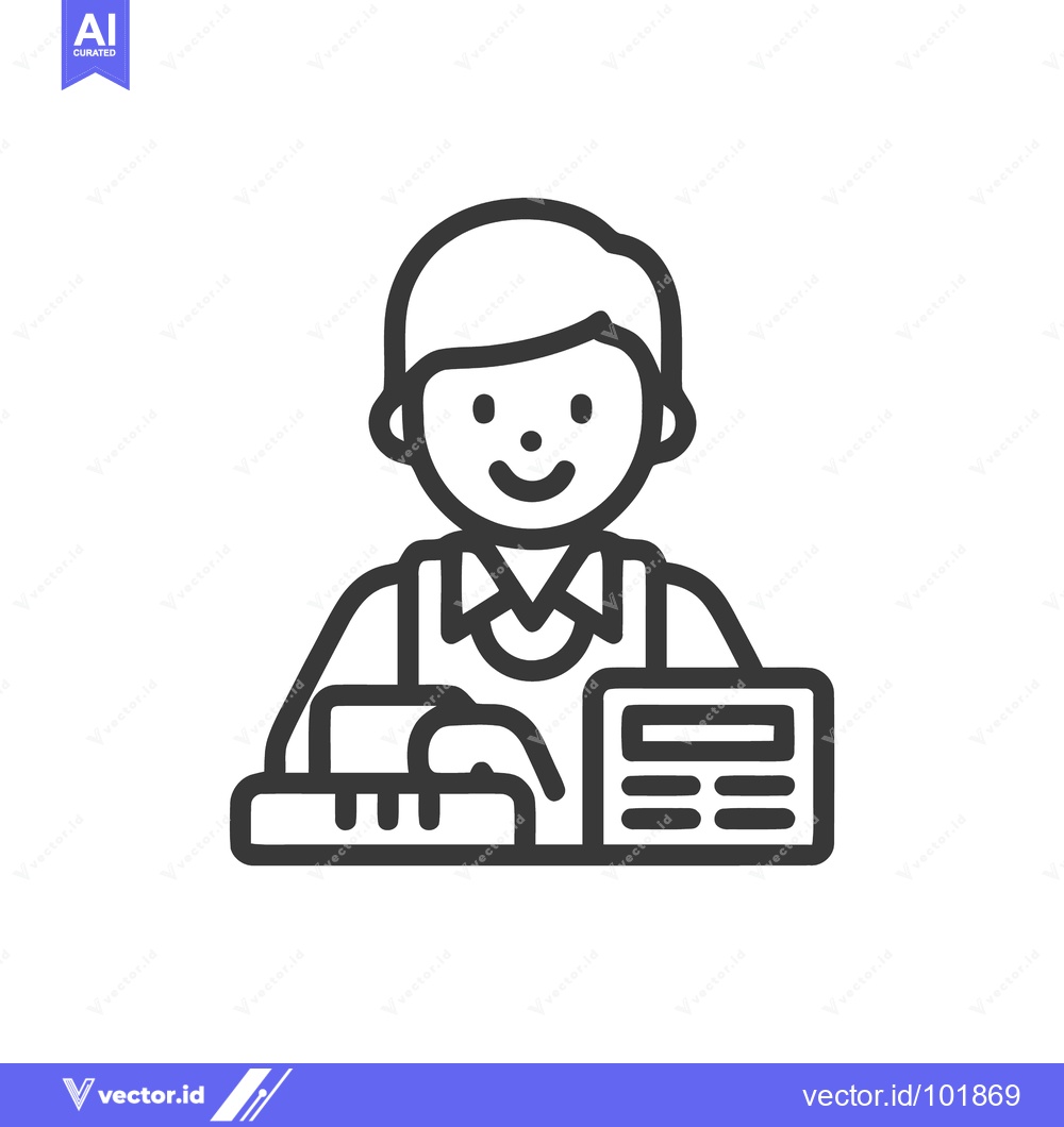 Premium Vector dari Friendly Cashier at Checkout Counter, Minimalist Line Art Icon for Ret