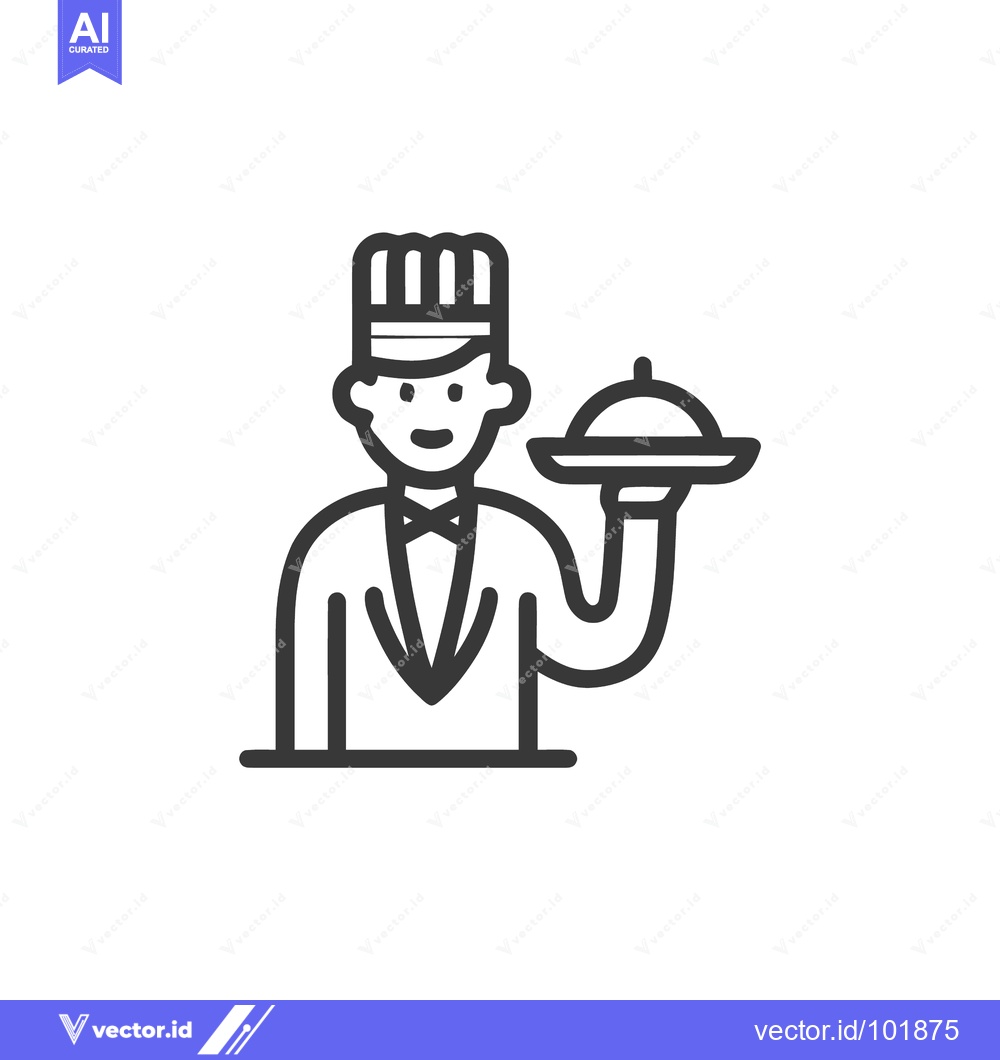 Premium Vector dari Professional Waiter with Bow Tie Holding a Covered Serving Dish Line I