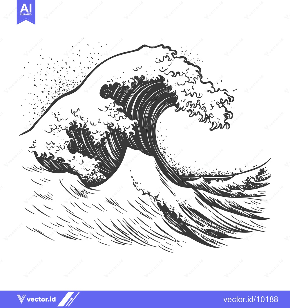 Premium Vector dari A Black and White Hand-Drawn Illustration of a Giant Wave