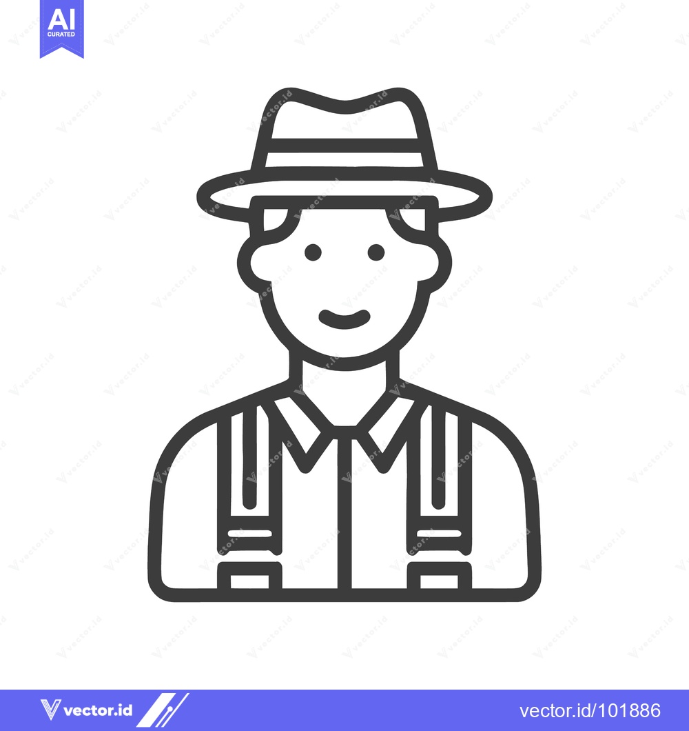 Premium Vector of Minimalist Outline Icon of a Smiling Man in a Fedora Hat and Suspender