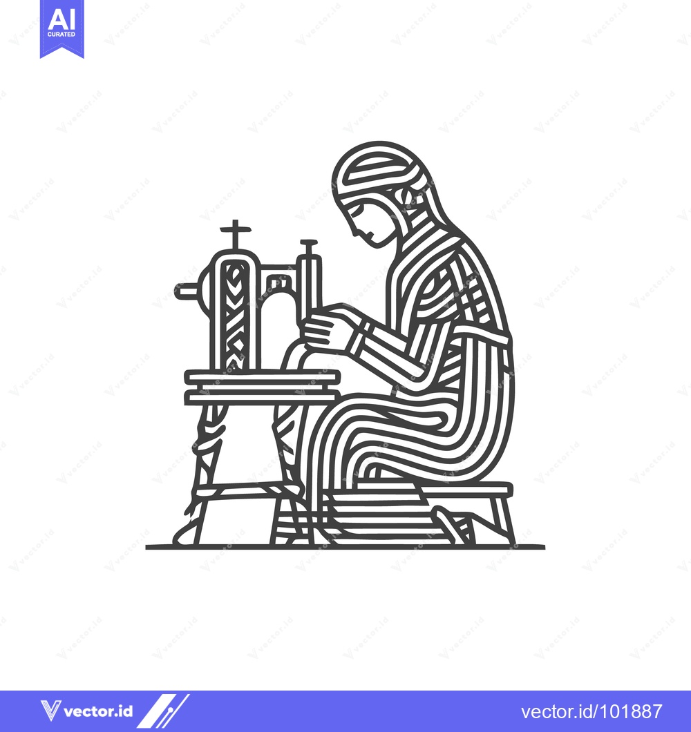 Premium Vector of Linear Craft: A Stylized Monochrome Figure at a Vintage Sewing Machine