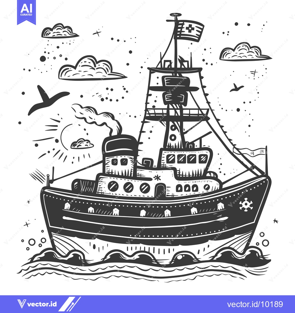 Premium Vector dari A Black and White Hand-Drawn Illustration of a Ship Sailing on the Oce