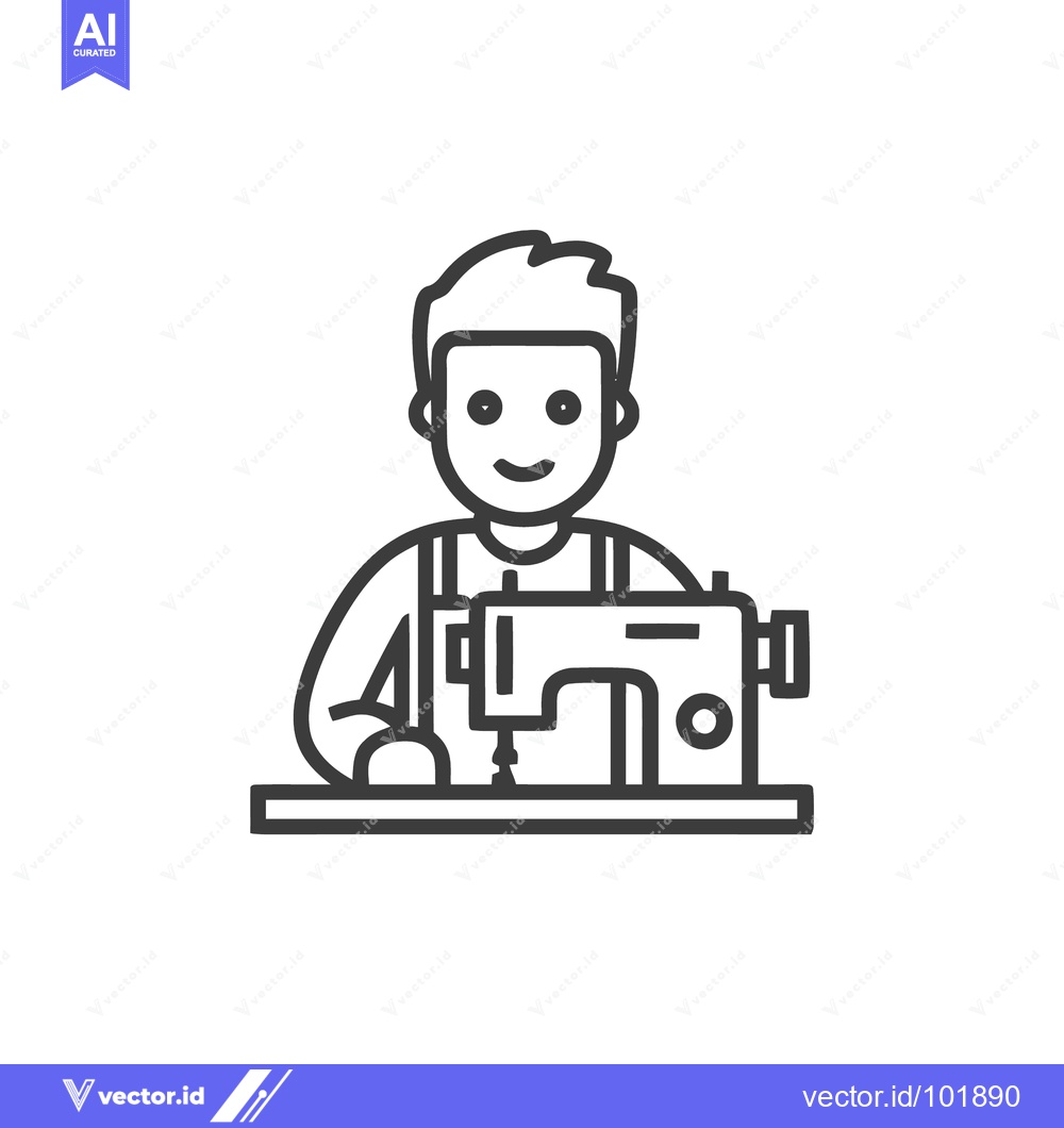 Premium Vector dari Happy Male Tailor at Sewing Machine, Minimalist Line Art Icon