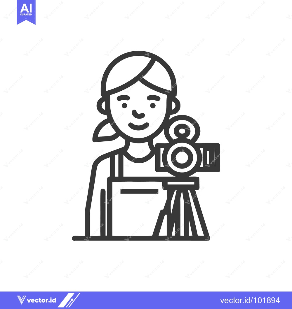 Premium Vector of Female Videographer with Tripod Camera, Minimalist Line Art Icon