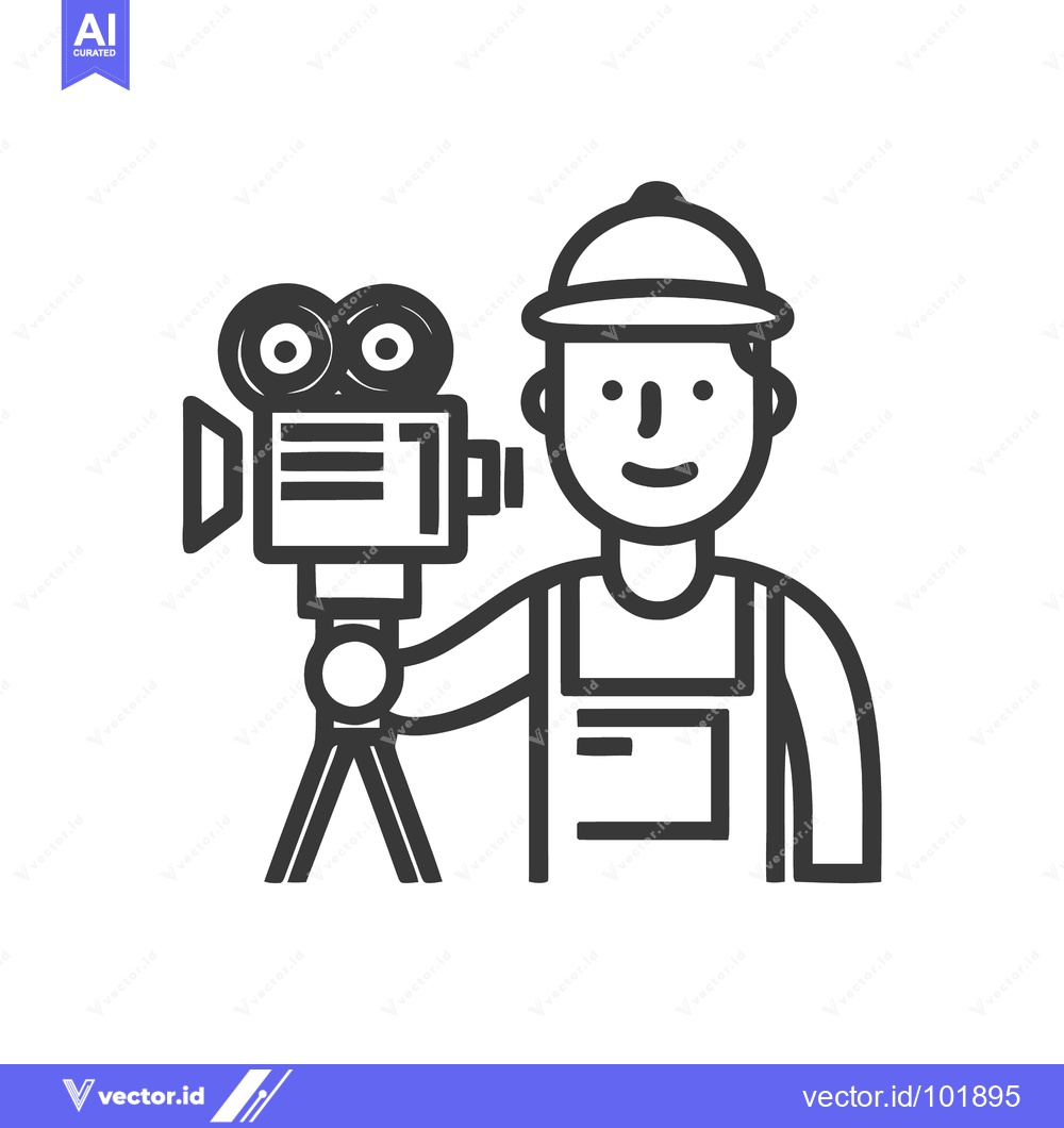 Premium Vector dari Smiling Filmmaker with Vintage Movie Camera on Tripod - Minimalist Lin