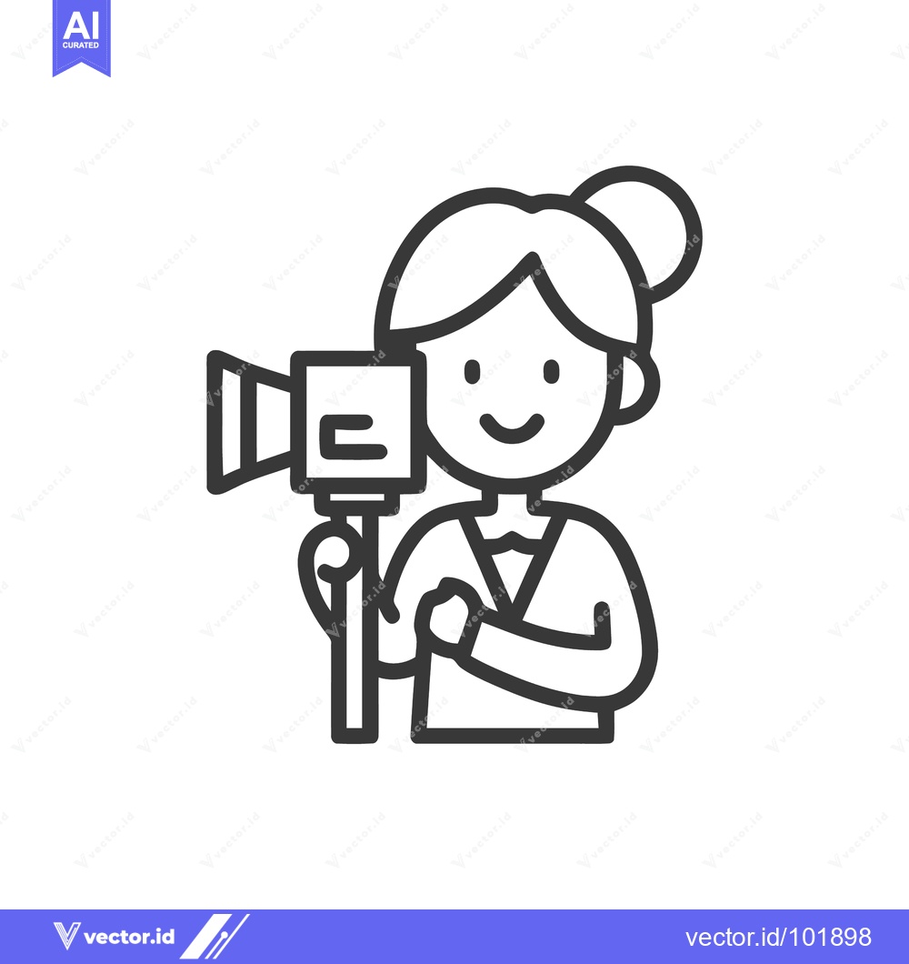 Premium Vector of Smiling Camerawoman with Hair Bun Holding Video Camera, Minimalist Lin