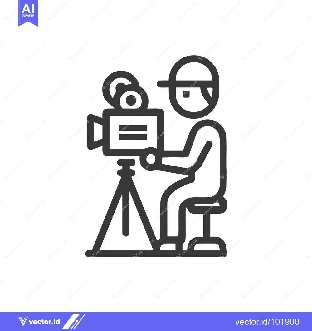Premium Vector of Seated cameraman with vintage movie camera on tripod, bold line art ic