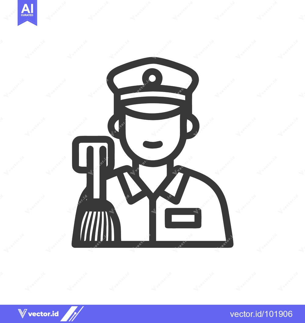 Premium Vector dari Smiling Street Sweeper in Uniform with Broom, Minimalist Line Icon