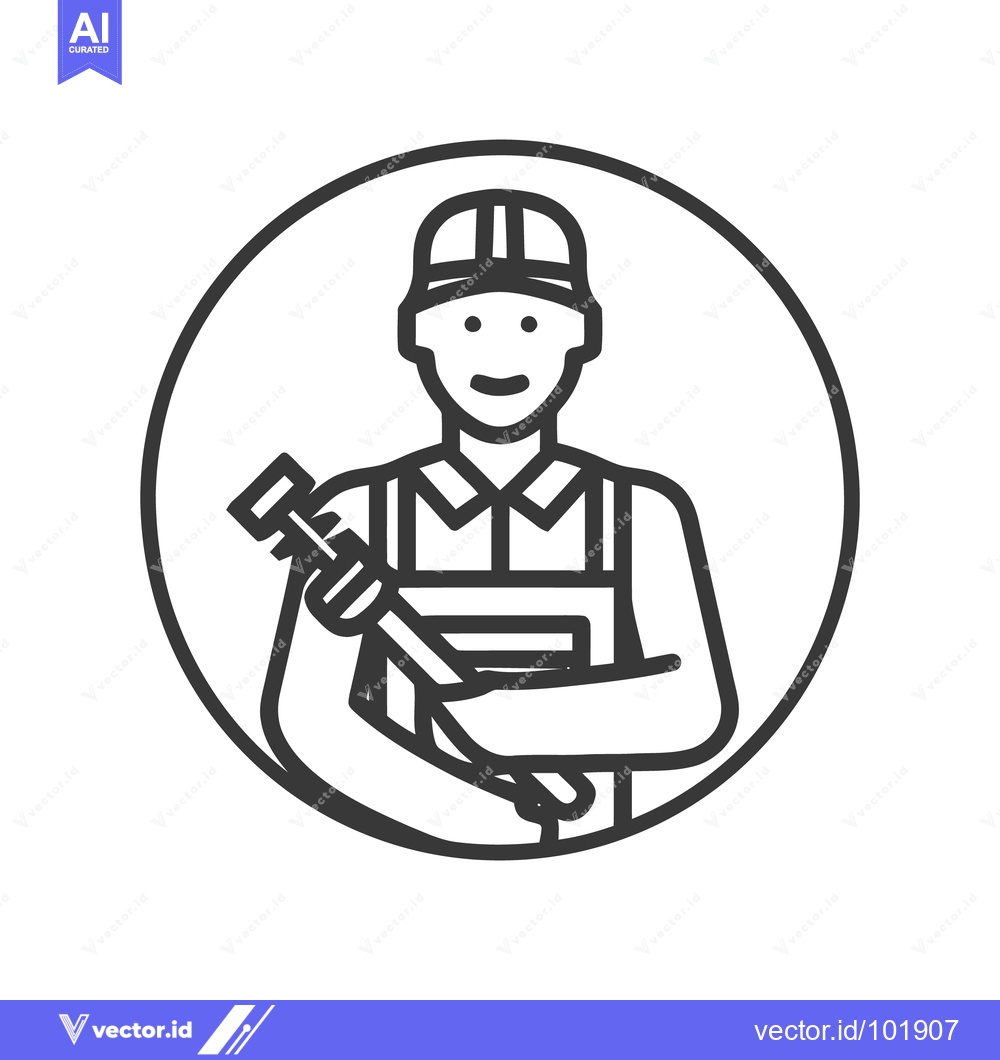 Premium Vector dari Friendly Plumber with Pipe Wrench, Minimalist Circular Line Art Icon