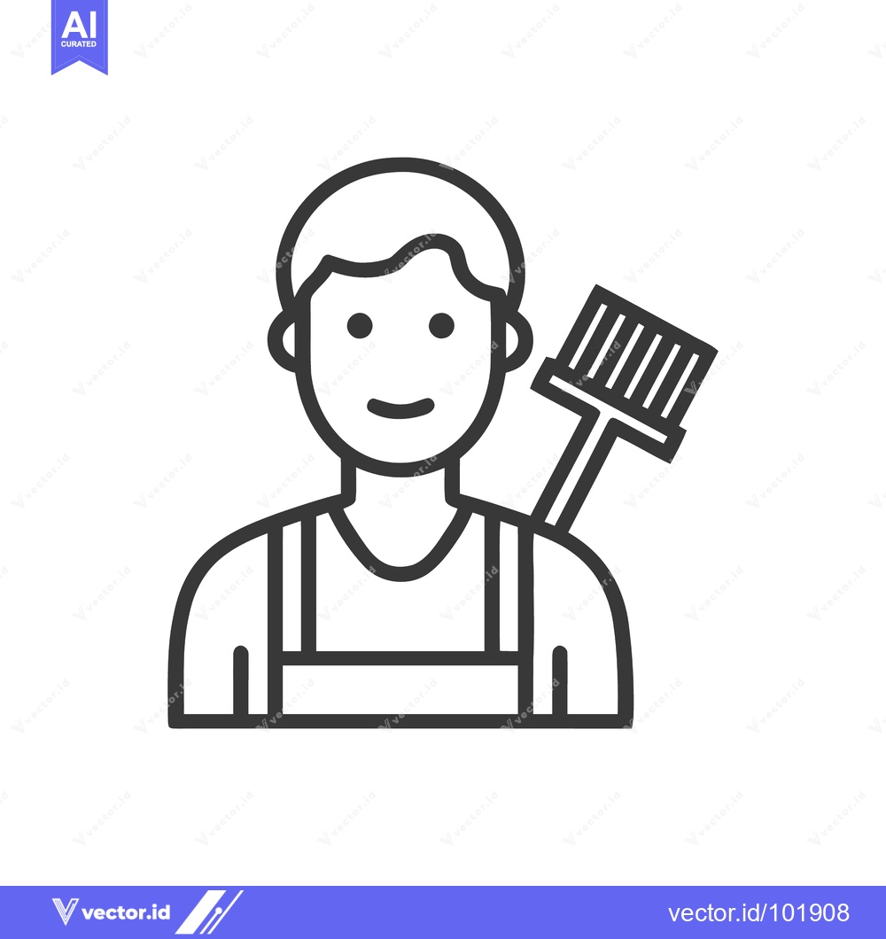Premium Vector of Friendly Janitor with Broom, Minimalist Black Line Art Icon