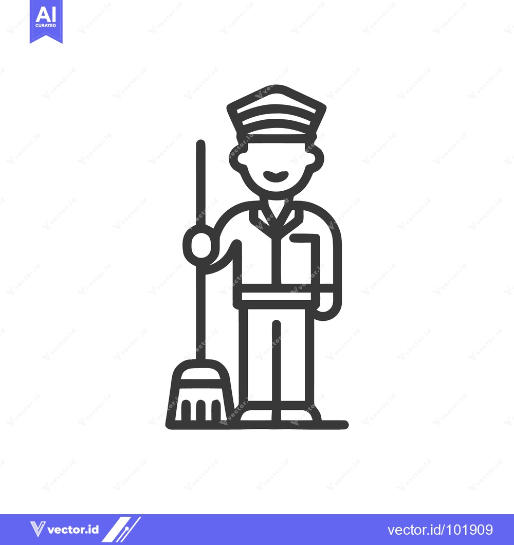 Premium Vector of Friendly Janitor in Uniform with Broom and Dustpan Line Art Icon