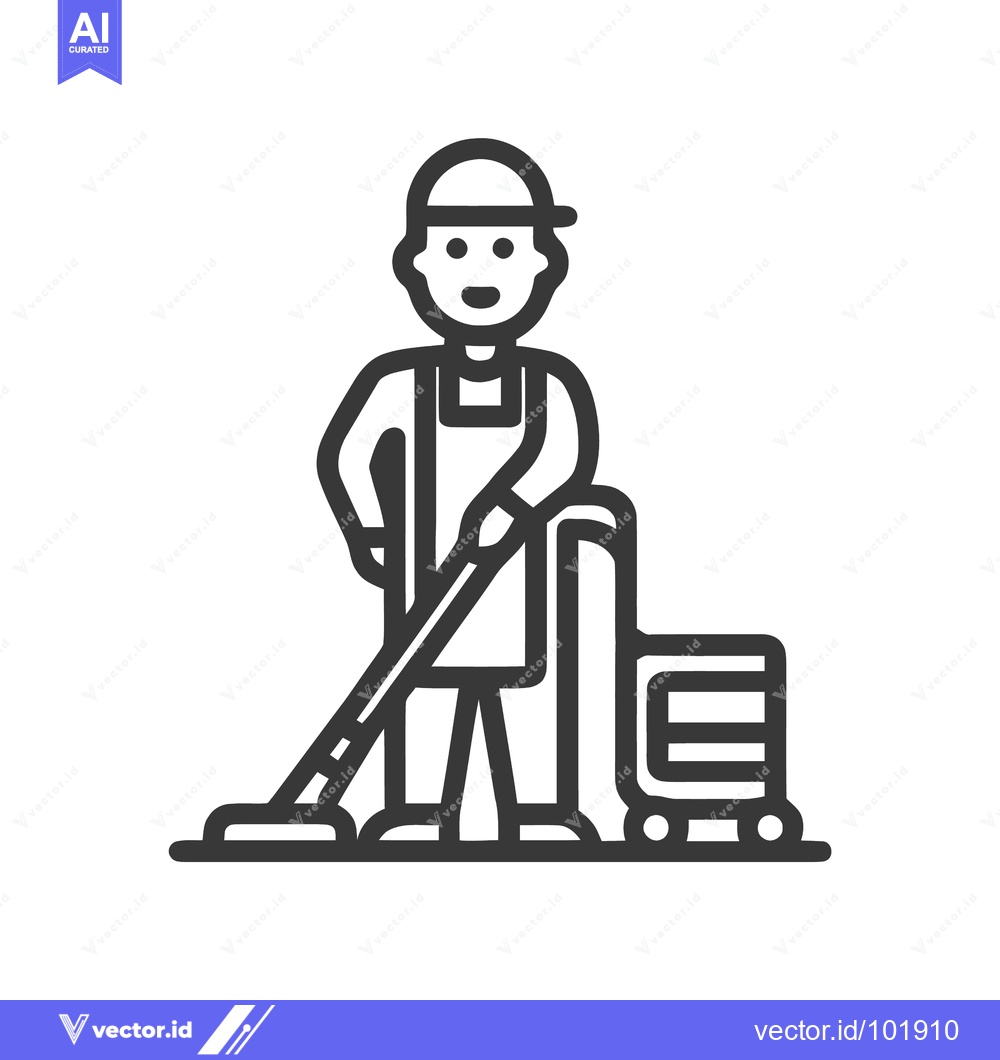 Premium Vector dari Friendly Janitor with Canister Vacuum Cleaner, Minimalist Line Art Ico