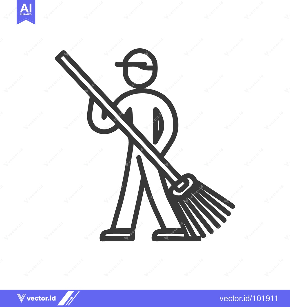 Premium Vector dari Monochrome Cleaner Icon: A Stylized Worker with a Broom