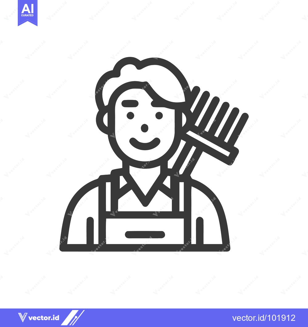 Premium Vector of Smiling Gardener Icon with Rake, Simple Line Art for Agriculture and L
