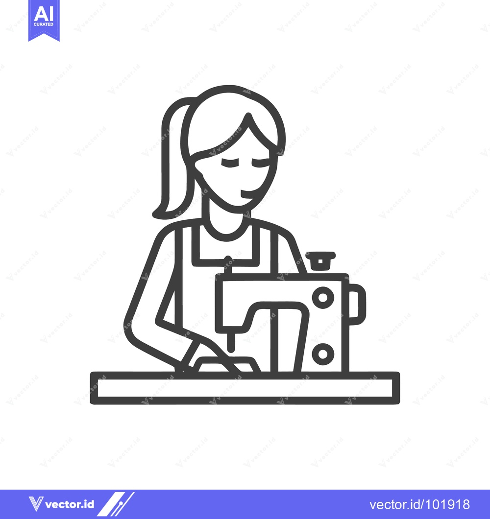 Premium Vector of Clean Line Art Icon: Woman Sewing on Machine, Symbolizing Tailoring an