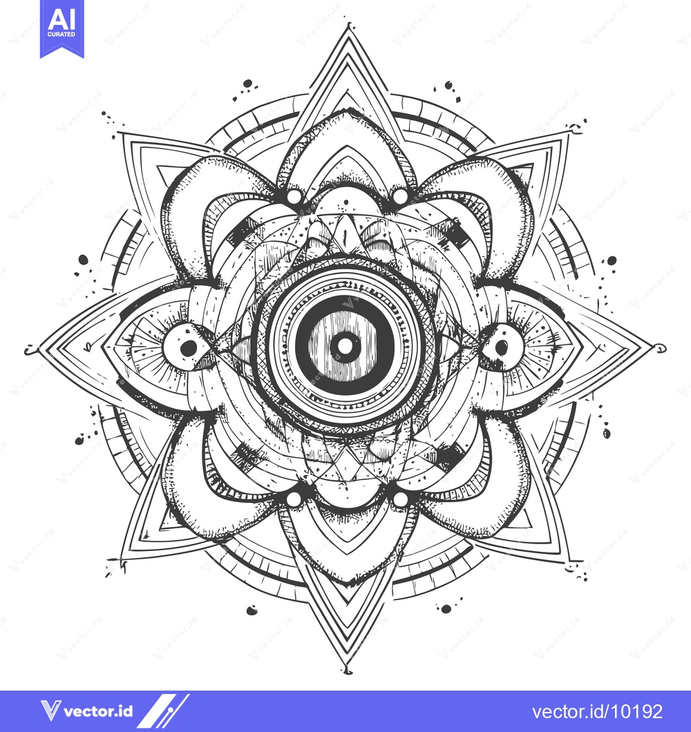 Premium Vector of A black and white hand-drawn mandala with a central eye surrounded by