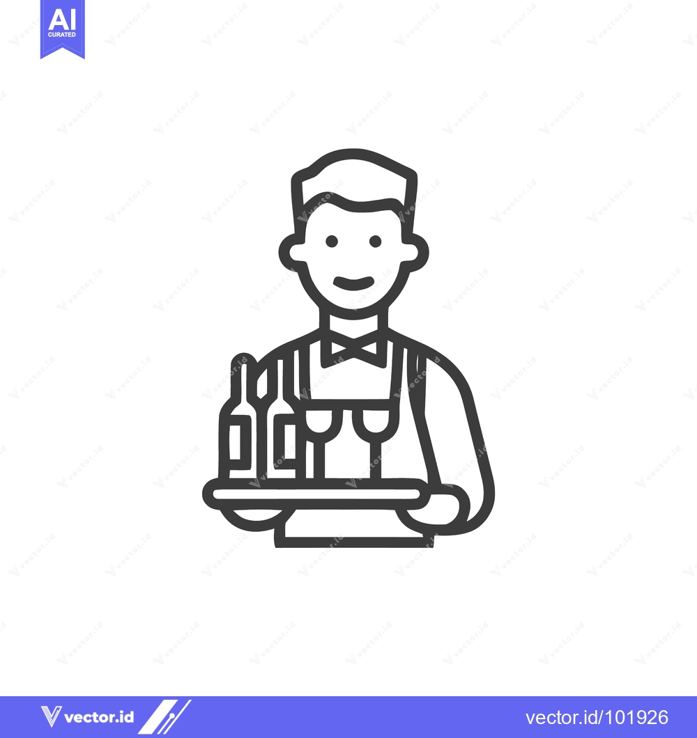 Premium Vector of Clean Line Art Icon of Smiling Waiter Serving Wine and Glasses on Tray