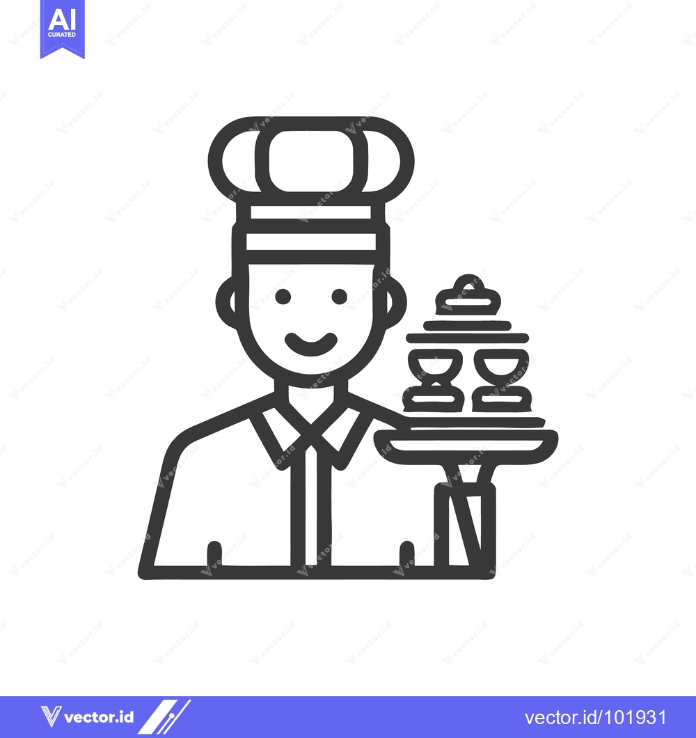 Premium Vector of Smiling Chef or Waiter Line Icon Holding Tray with Desserts