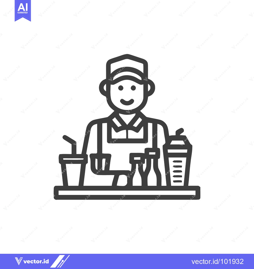 Premium Vector of Smiling Barista or Server Icon with Assorted Drinks on Counter, Minima