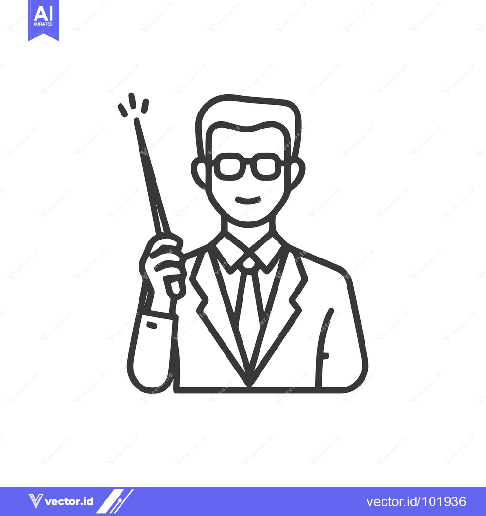 Premium Vector dari Smiling Male Teacher or Presenter Icon with Pointer, Clean Line Art St