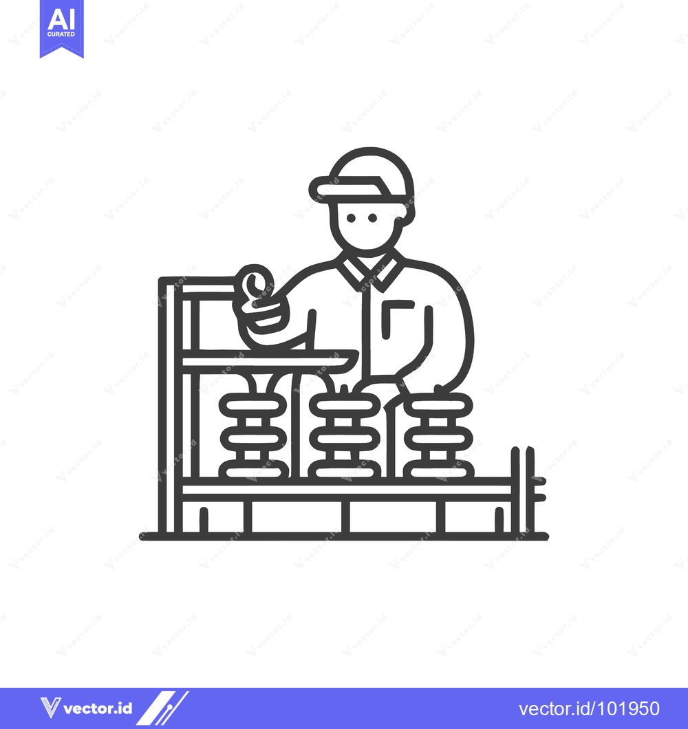 Premium Vector of Factory Operator at Machine with Mechanical Parts, Outline Vector Icon