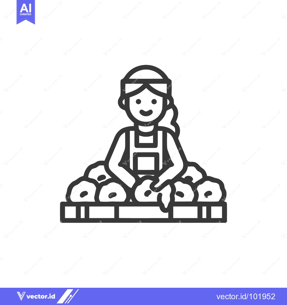 Premium Vector of Friendly Greengrocer at Market Stall, Minimalist Line Art Icon