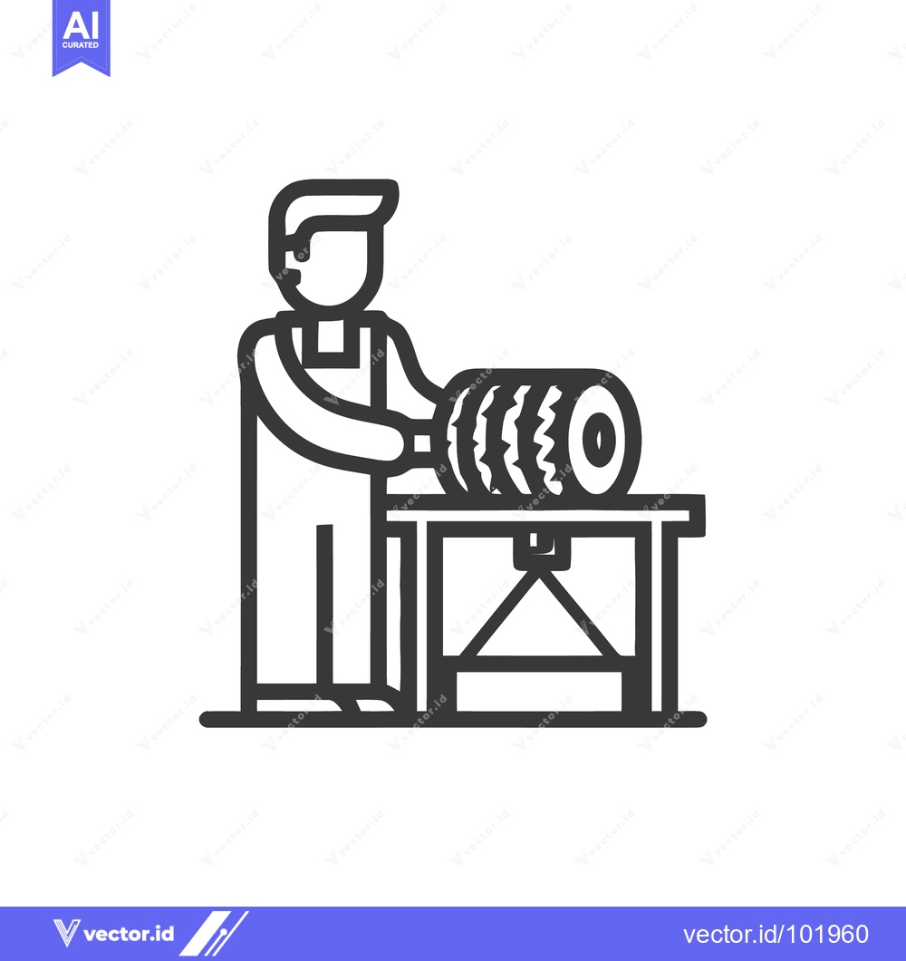 Premium Vector of Artisan at a Workbench Operating a Buffing Machine Line Art Icon