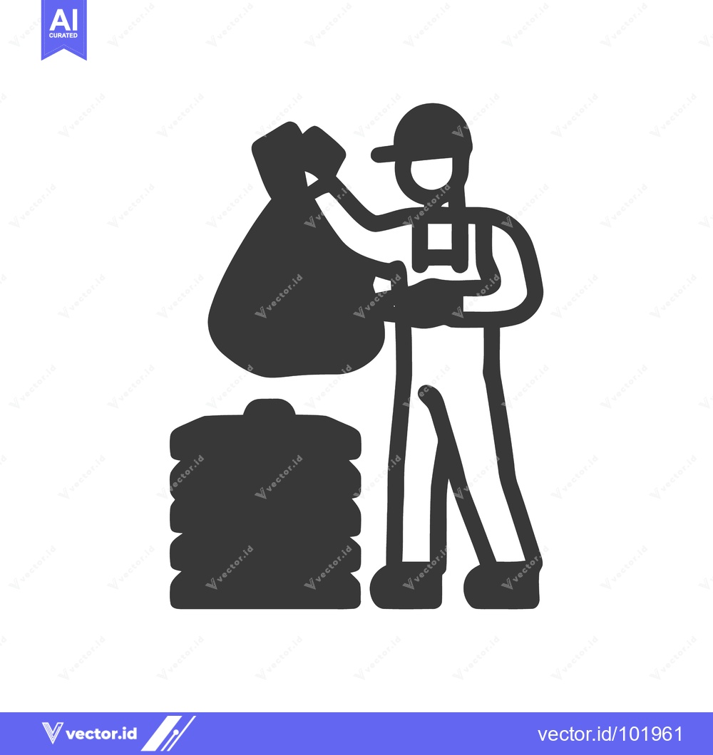 Premium Vector of Monochrome Glyph of a Sanitation Worker Stacking Trash Bags