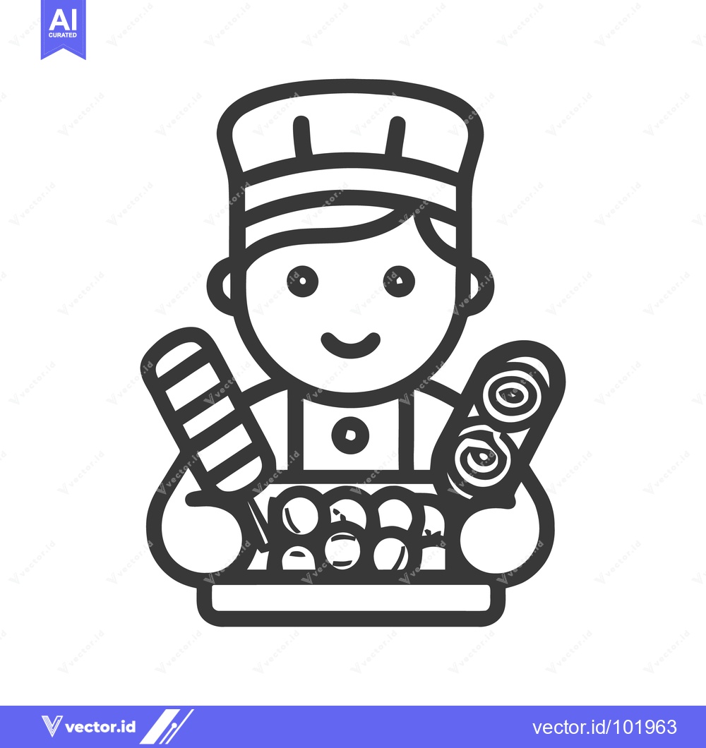 Premium Vector of Cheerful Chef Line Art Icon Holding a Tray of Takoyaki and Rolled Past