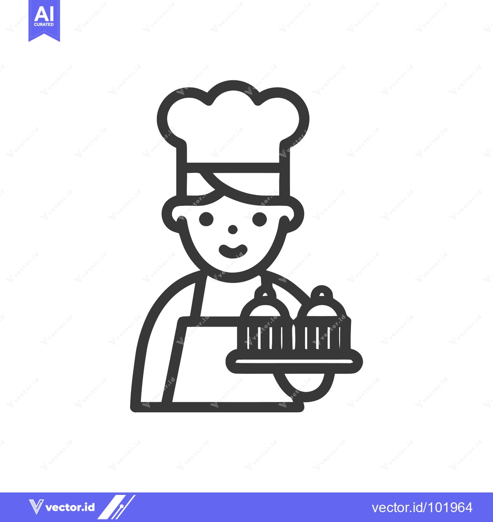 Premium Vector dari Friendly Pastry Chef Serving Cupcakes, Minimalist Line Art Icon