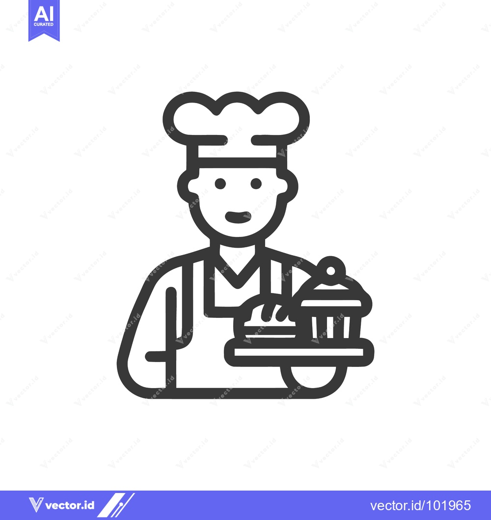 Premium Vector of Smiling Pastry Chef with Toque Hat Holding a Dessert Tray Line Icon