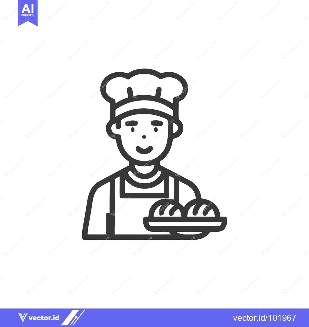 Premium Vector of Happy Baker with Toque and Apron Holding Fresh Buns, Line Art Icon