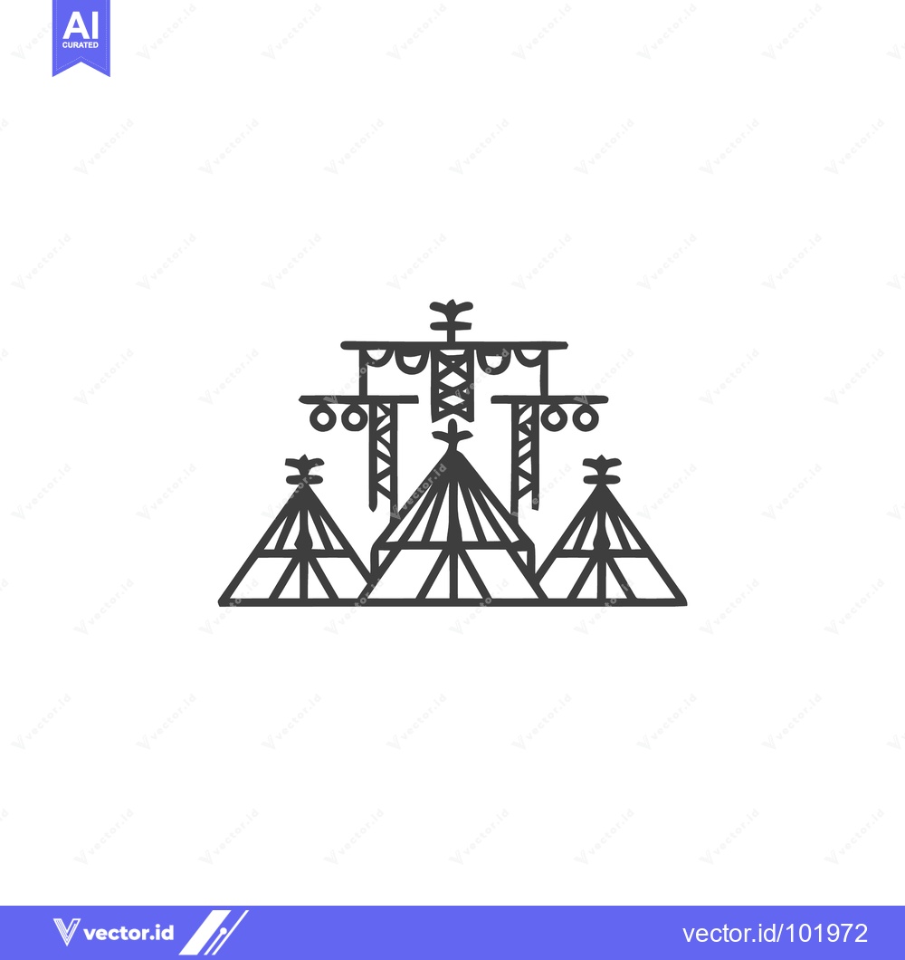 Premium Vector of Stylized Teepee Village with Ceremonial Rack Line Art Icon