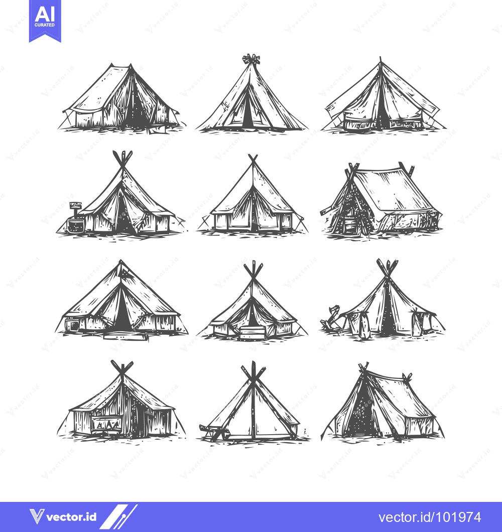 Premium Vector dari Hand-Drawn Camping Tent Collection in a Rustic, Engraved Sketch Style