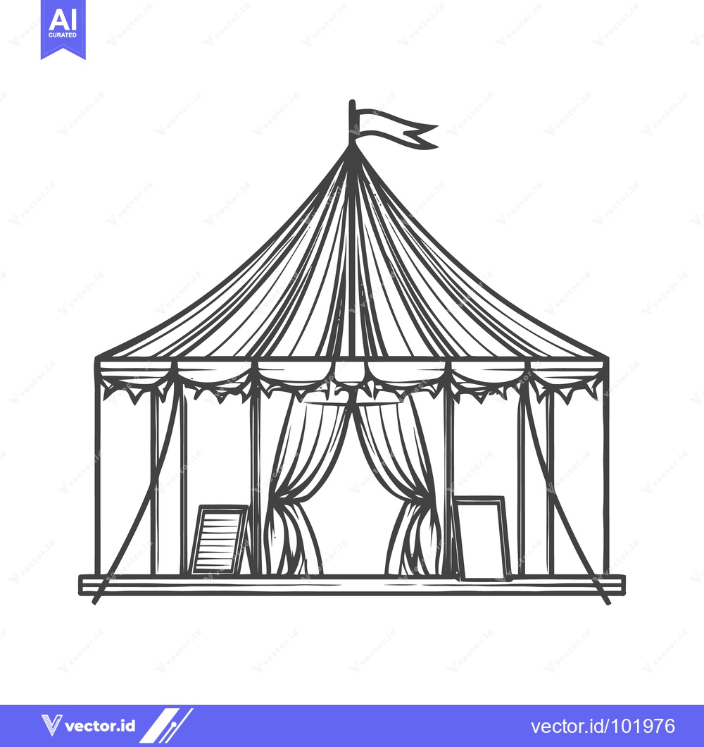 Premium Vector of Hand-Sketched Big Top Pavilion with Parted Drapes and a Waving Flag