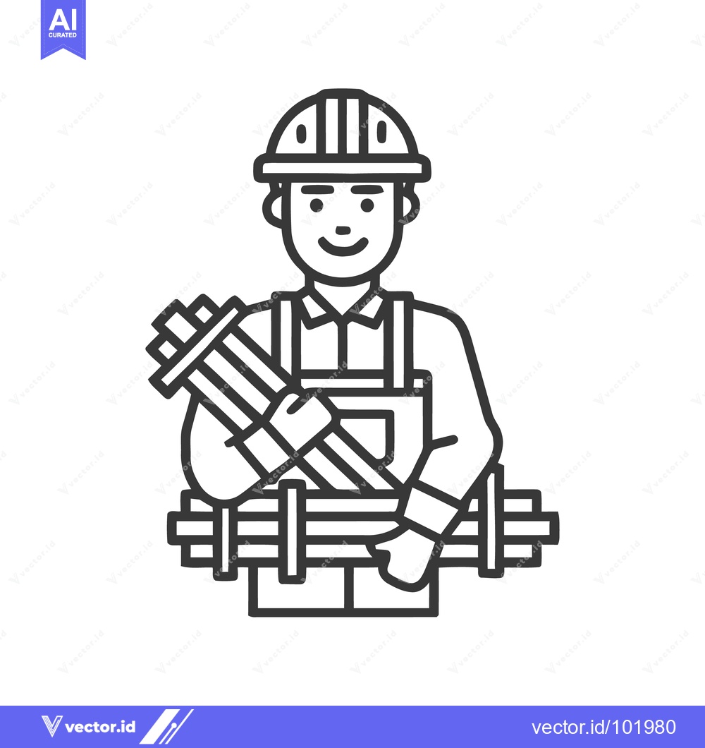 Premium Vector of Friendly Construction Worker Carrying Pipes, Minimalist Line Art Icon
