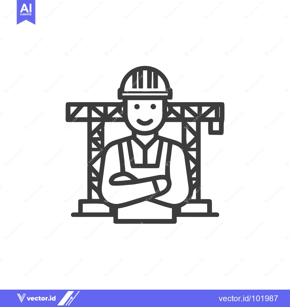 Premium Vector of Confident Construction Worker Line Icon with Arms Crossed and Crane Ba
