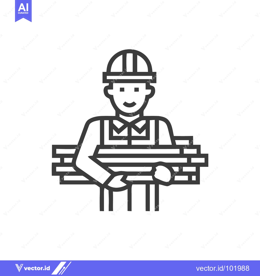 Premium Vector dari Smiling Construction Worker Carrying Planks, Minimalist Line Art Icon