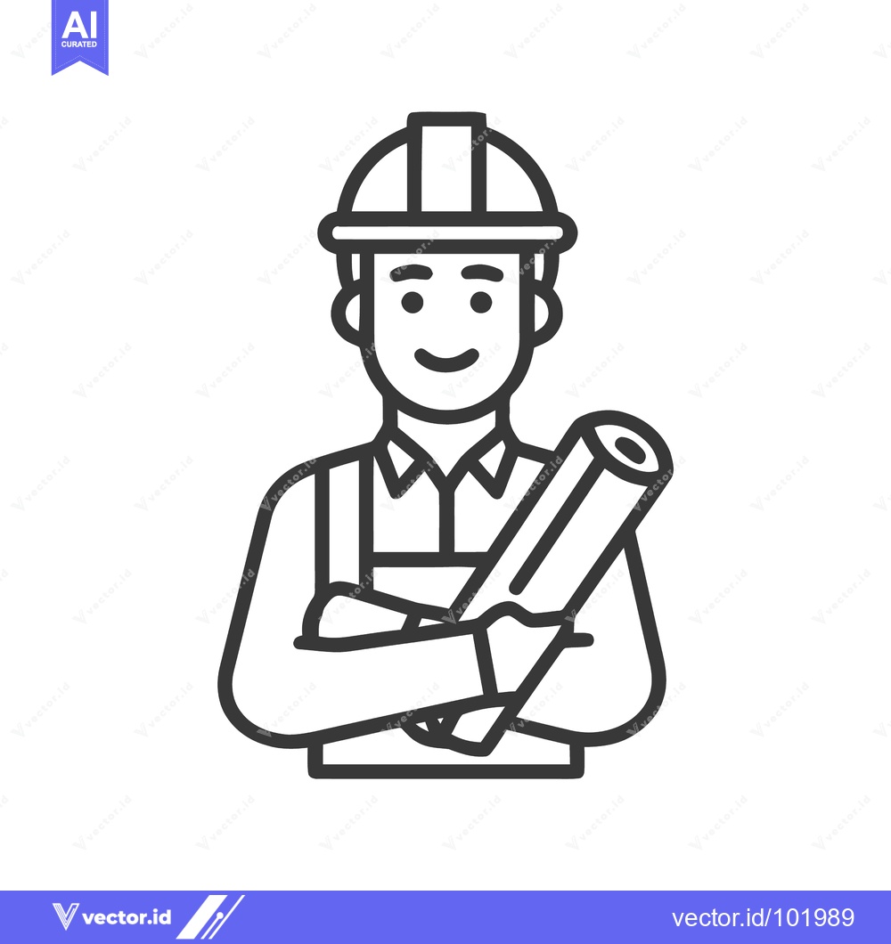 Premium Vector dari Confident Engineer in Hard Hat Holding Blueprints, Minimalist Line Art