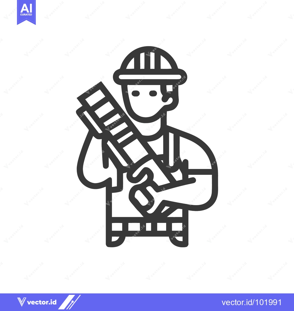 Premium Vector of Bold Line Art Icon of a Construction Worker in a Hard Hat Carrying Mat