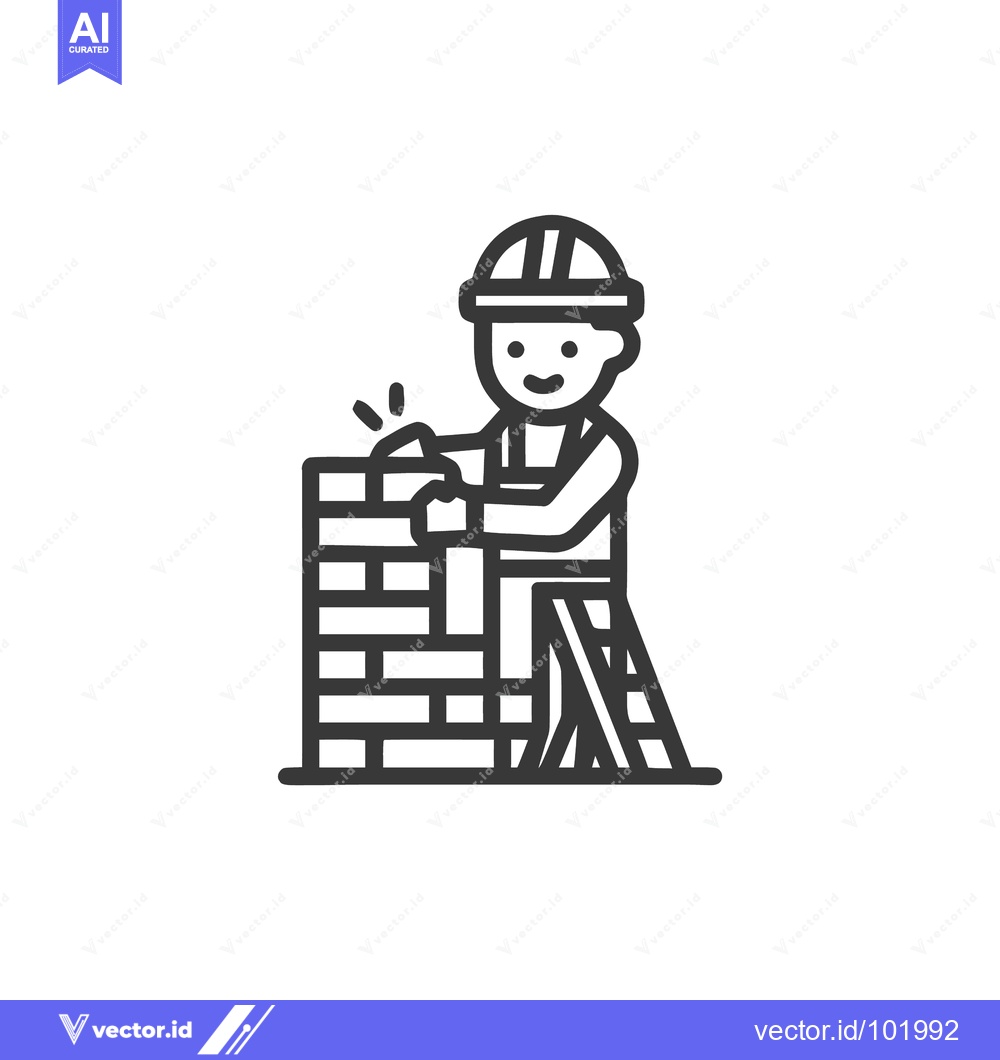 Premium Vector dari Happy Bricklayer at Work, Minimalist Line Art Icon of Wall Constructio
