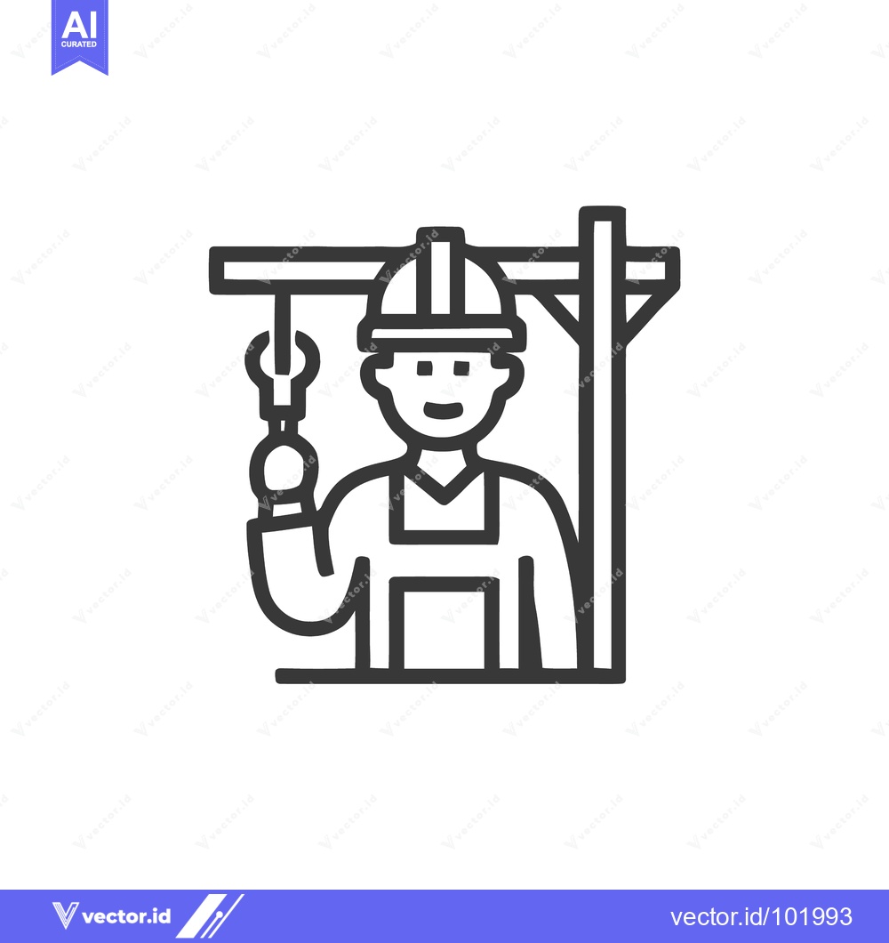 Premium Vector dari Friendly Industrial Worker with Hard Hat and Wrench Line Art Icon