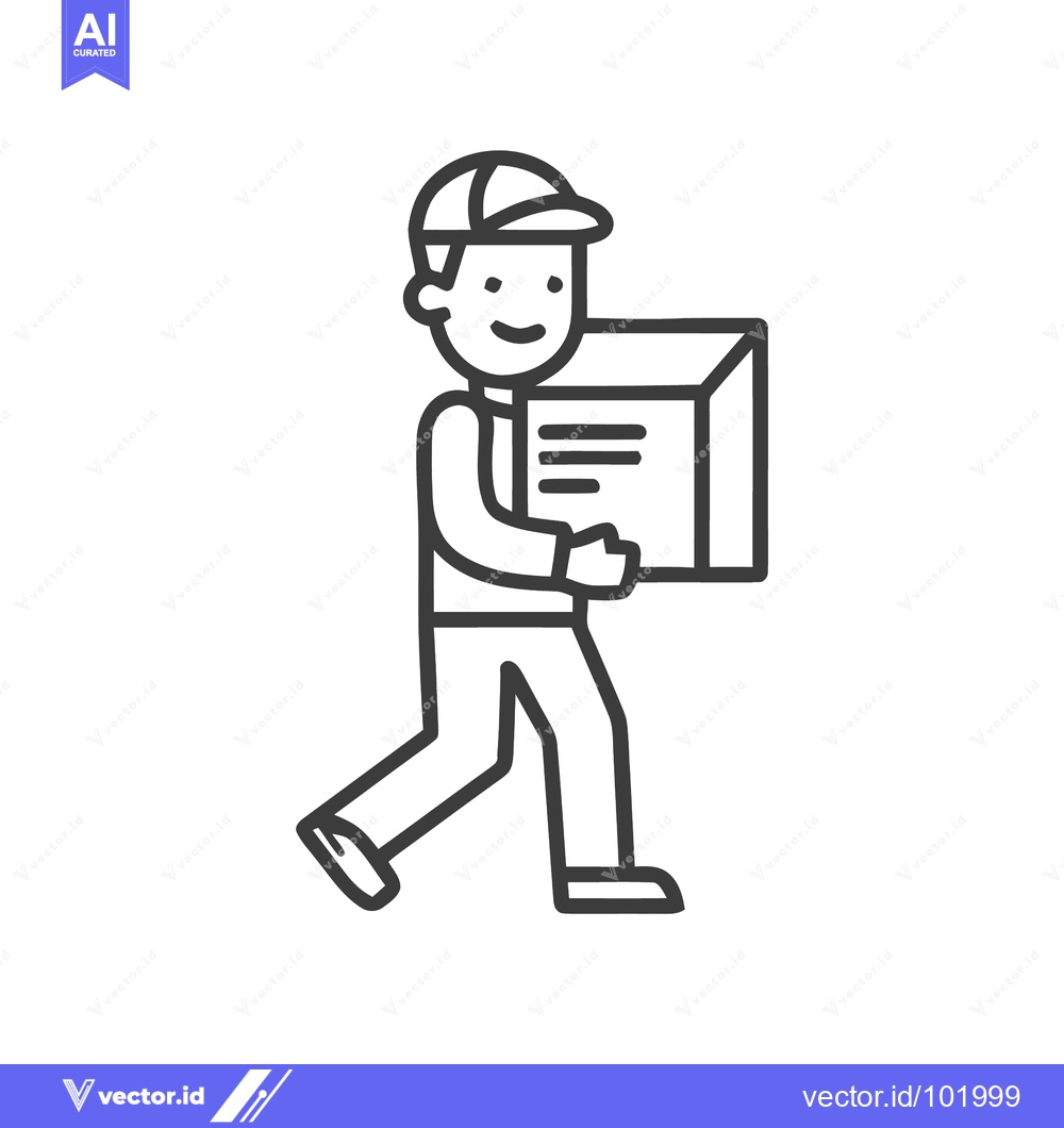 Premium Vector of Friendly Delivery Man Walking with a Box, Minimalist Line Art Icon