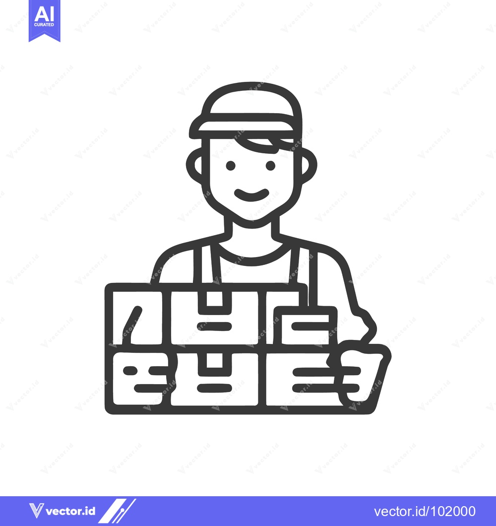 Premium Vector dari Smiling Delivery Man Holding Stacked Parcels, Minimalist Line Art Icon
