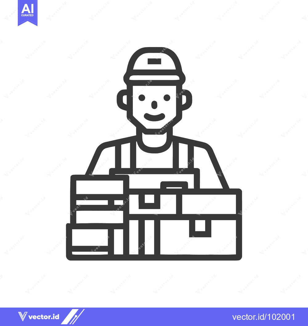 Premium Vector dari Friendly Logistics Worker with Stacked Parcels, Minimalist Line Art Ic